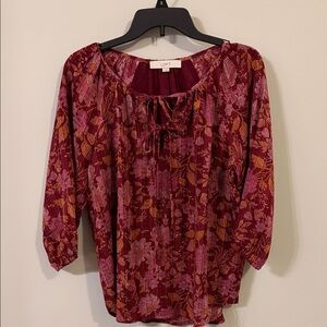 LOFT Burgundy and Pink Floral Blouse